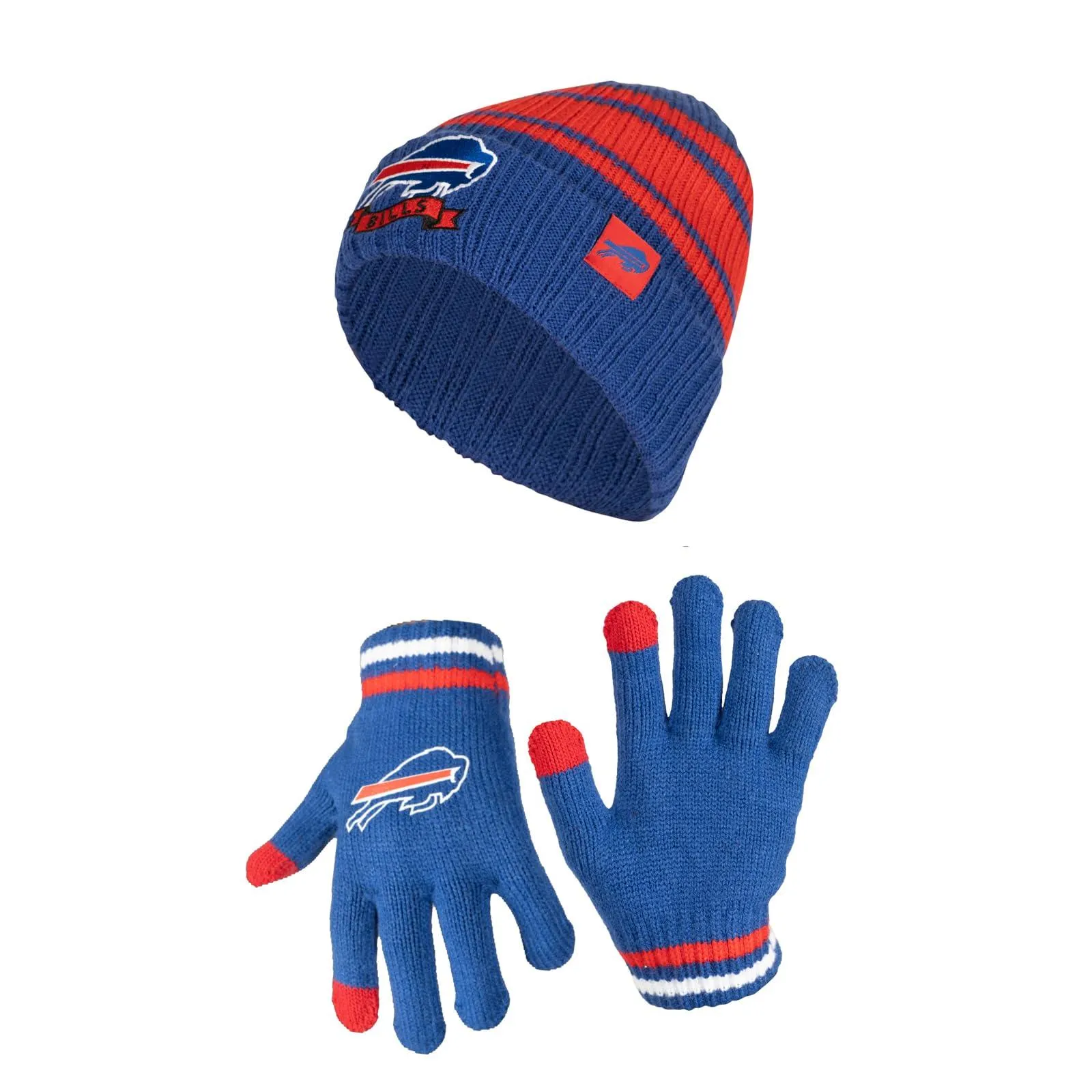 Ultra Game Youth NFL Official Super Soft Team Stripe Winter Beanie Knit Hat with Extra Warm Touch Screen Gloves|Buffalo Bills