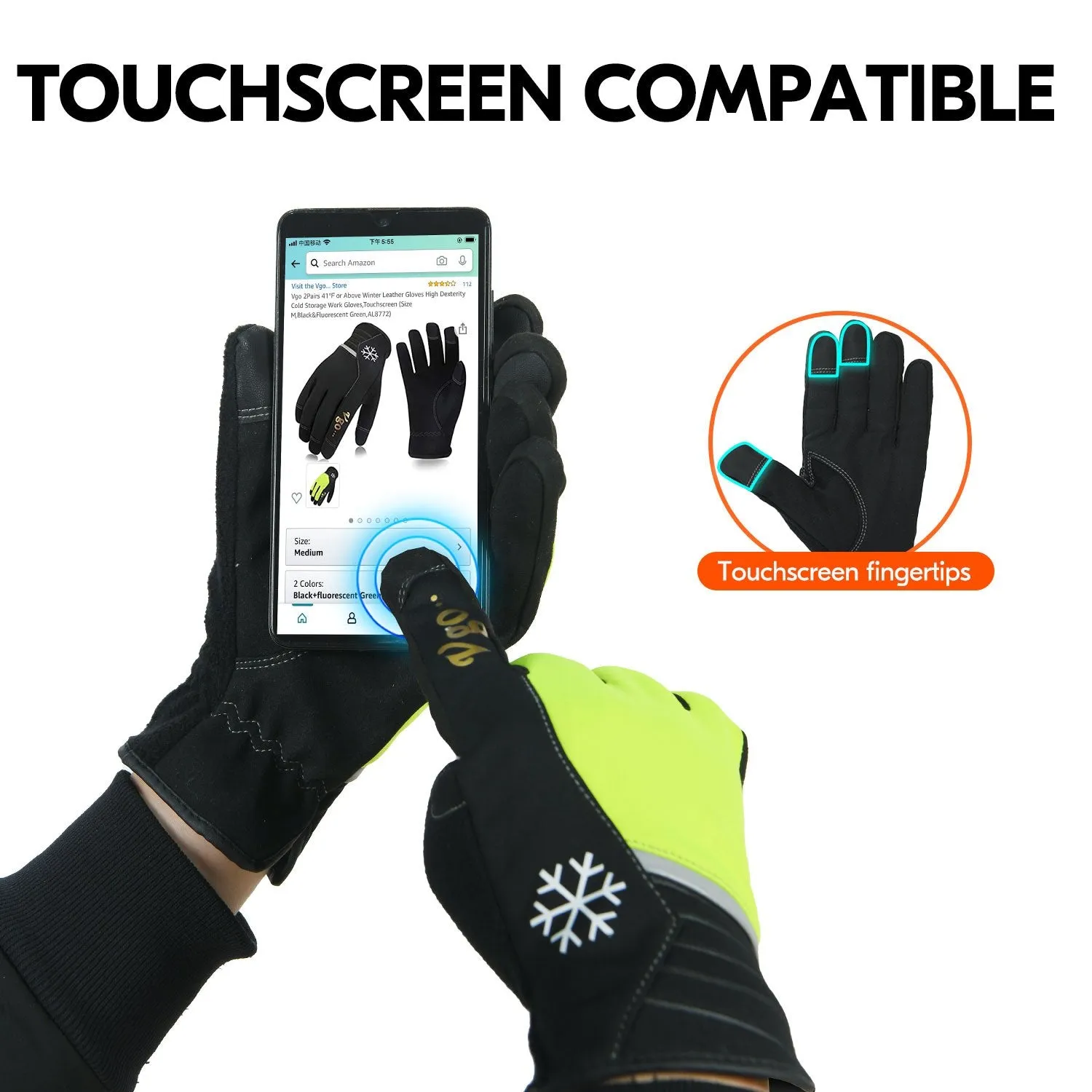 VGO 2 Pairs 41℉ or Above Winter Leather Gloves High Dexterity Cold Storage Work Gloves,Touchscreen (Black&Fluorescent Green,AL8772)