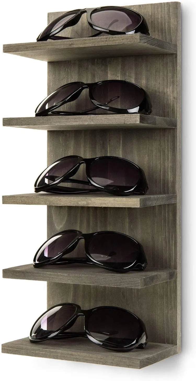 Vintage Gray Wood Wall Mounted Sunglasses Eyewear Organizer Display