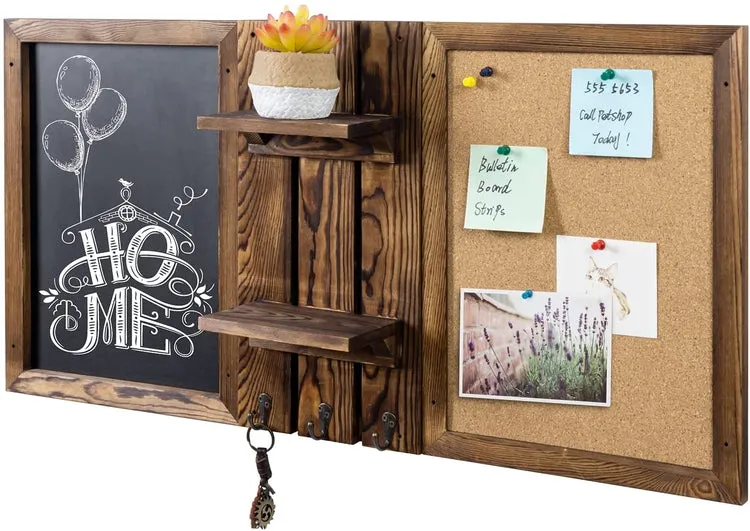 Wall Mounted Entryway Bulletin Board Combo Set with Burnt Wood Frame, Chalkboard, Cork Board, 2 Storage Shelves