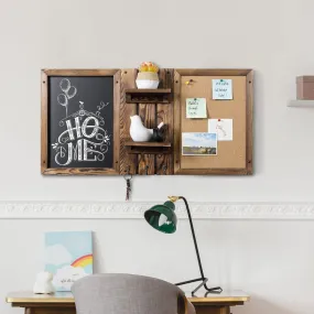 Wall Mounted Entryway Bulletin Board Combo Set with Burnt Wood Frame, Chalkboard, Cork Board, 2 Storage Shelves