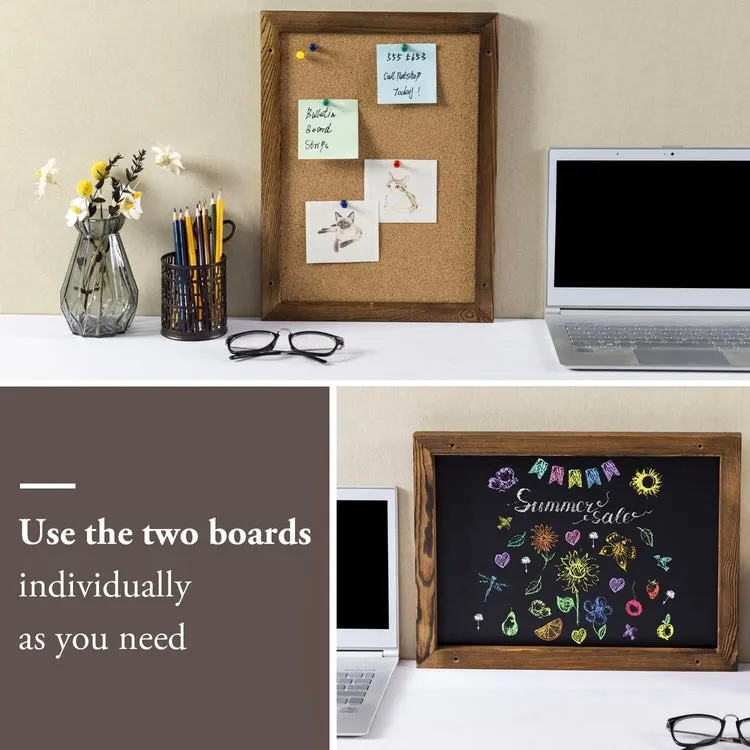 Wall Mounted Entryway Bulletin Board Combo Set with Burnt Wood Frame, Chalkboard, Cork Board, 2 Storage Shelves