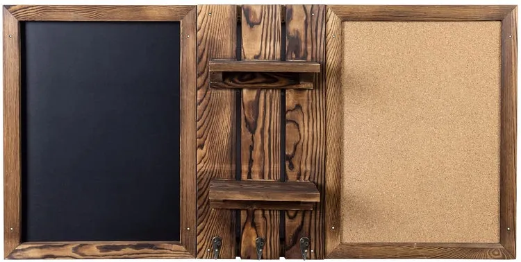 Wall Mounted Entryway Bulletin Board Combo Set with Burnt Wood Frame, Chalkboard, Cork Board, 2 Storage Shelves