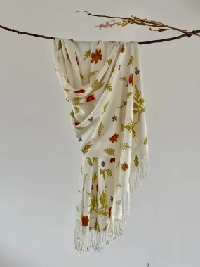 White Botanical Print Scarf | Indigenous Cotton | Handwoven & Naturally Dyed - 0020D-SY-HT