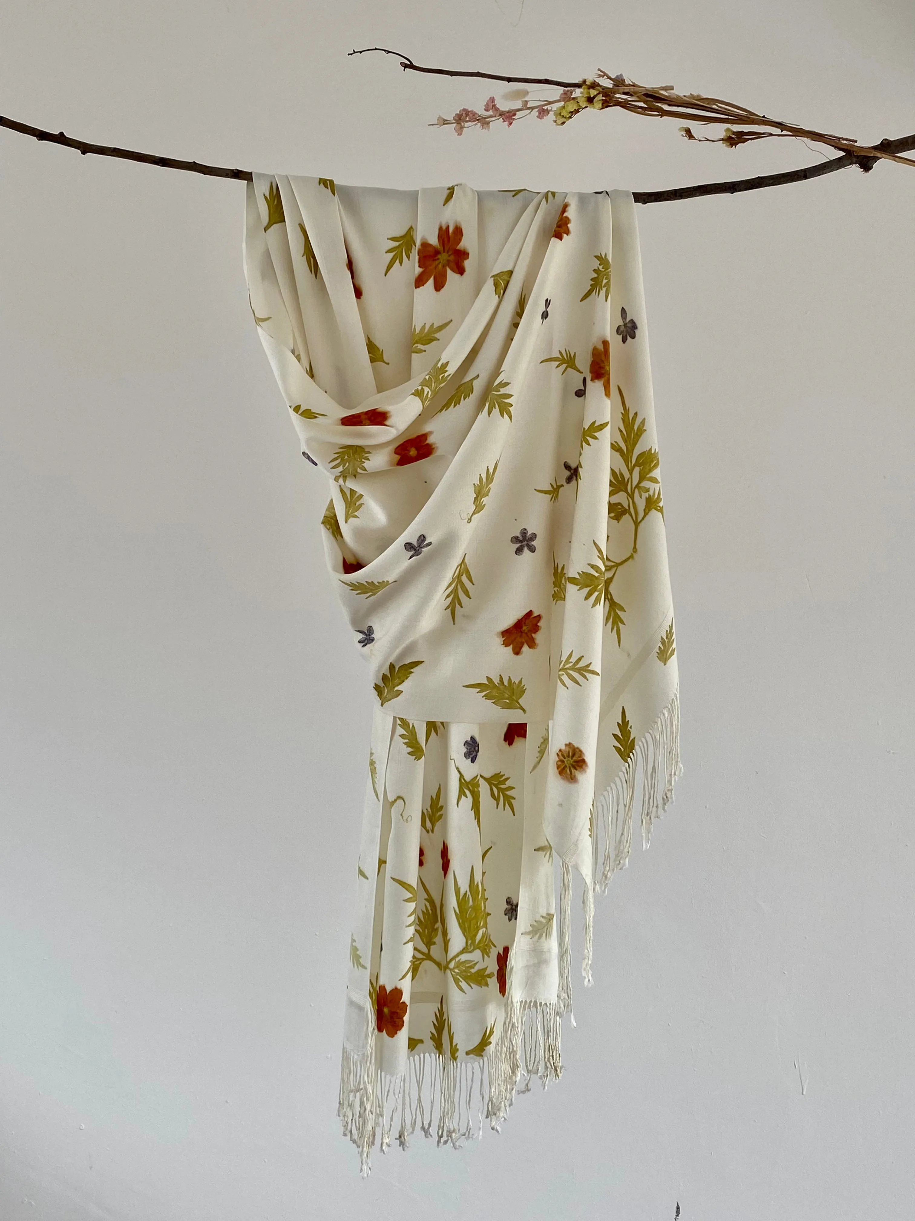 White Botanical Print Scarf | Indigenous Cotton | Handwoven & Naturally Dyed - 0020D-SY-HT