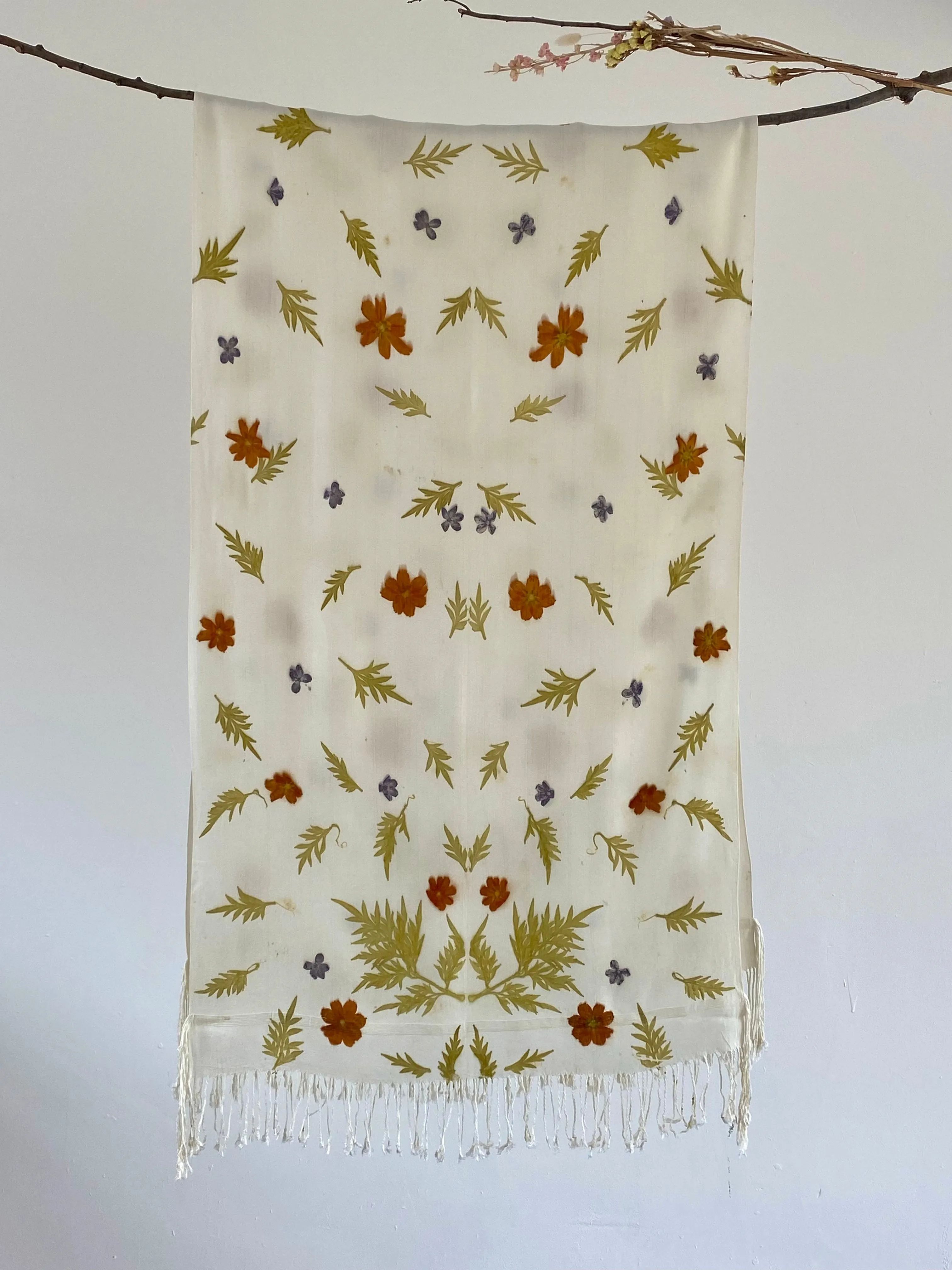 White Botanical Print Scarf | Indigenous Cotton | Handwoven & Naturally Dyed - 0020D-SY-HT