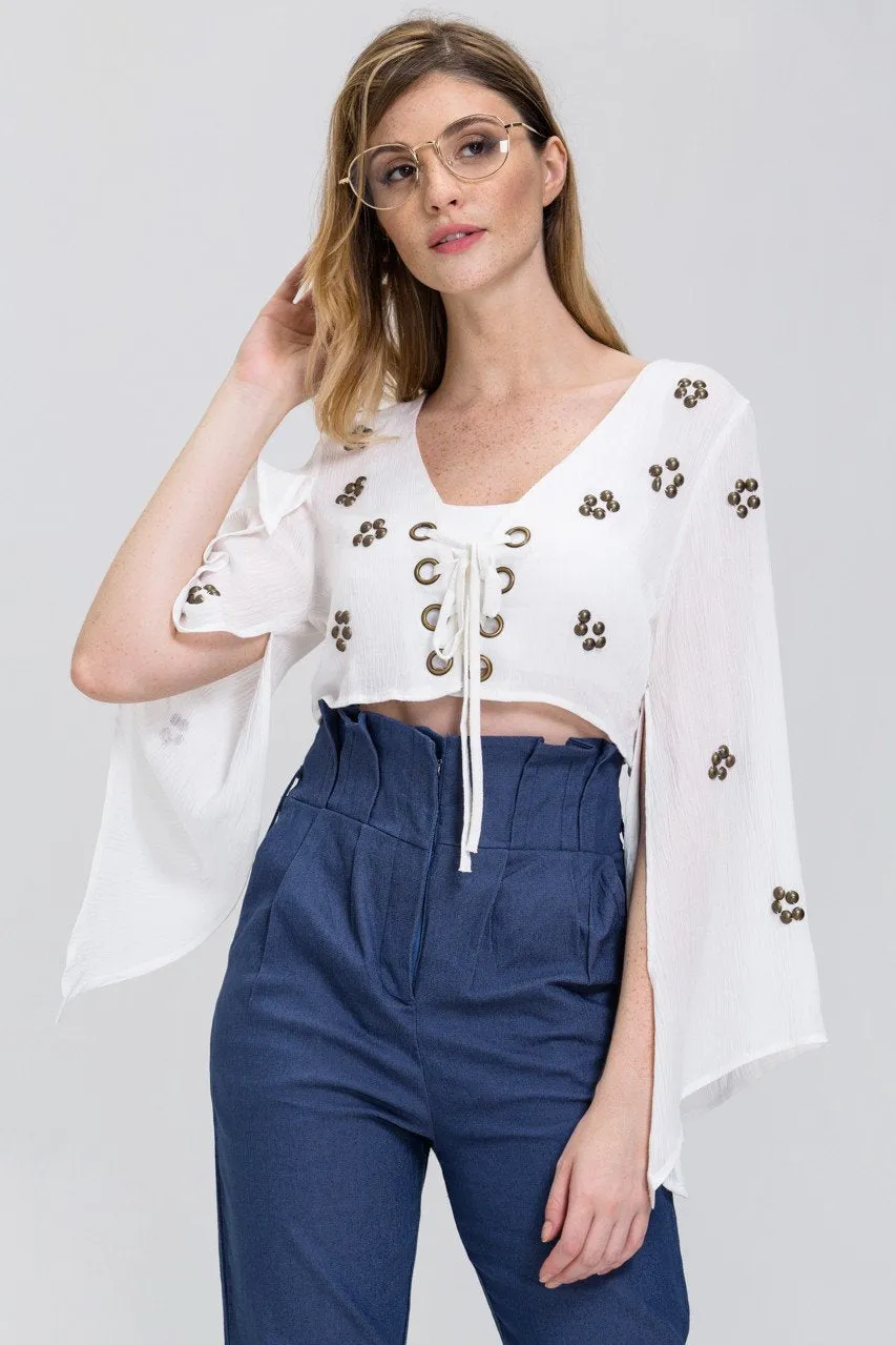 White Lace Up Flare Sleeve Bolero