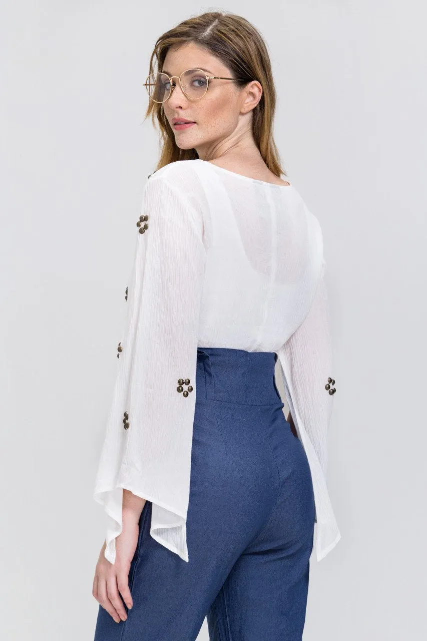 White Lace Up Flare Sleeve Bolero