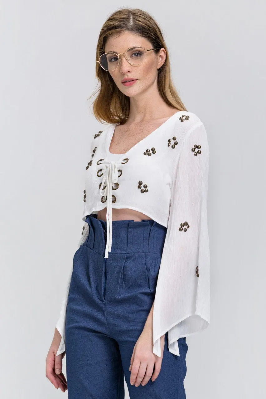 White Lace Up Flare Sleeve Bolero