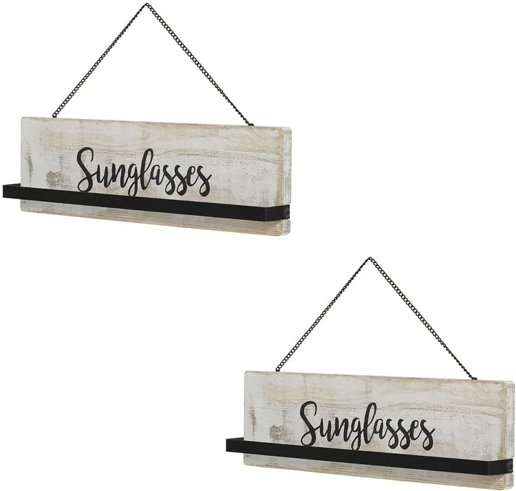 Whitewashed Wood Wall Mounted Sunglasses Holder Eyewear Hanging Display Rack with Cursive Sunglasses Lettering, Set of 2