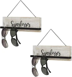 Whitewashed Wood Wall Mounted Sunglasses Holder Eyewear Hanging Display Rack with Cursive Sunglasses Lettering, Set of 2