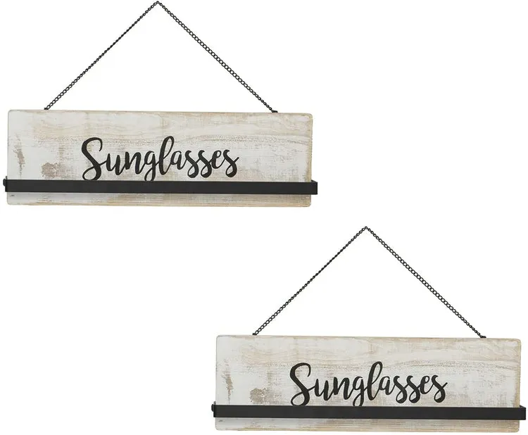 Whitewashed Wood Wall Mounted Sunglasses Holder Eyewear Hanging Display Rack with Cursive Sunglasses Lettering, Set of 2