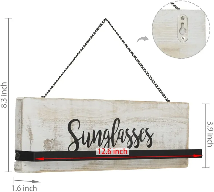 Whitewashed Wood Wall Mounted Sunglasses Holder Eyewear Hanging Display Rack with Cursive Sunglasses Lettering, Set of 2