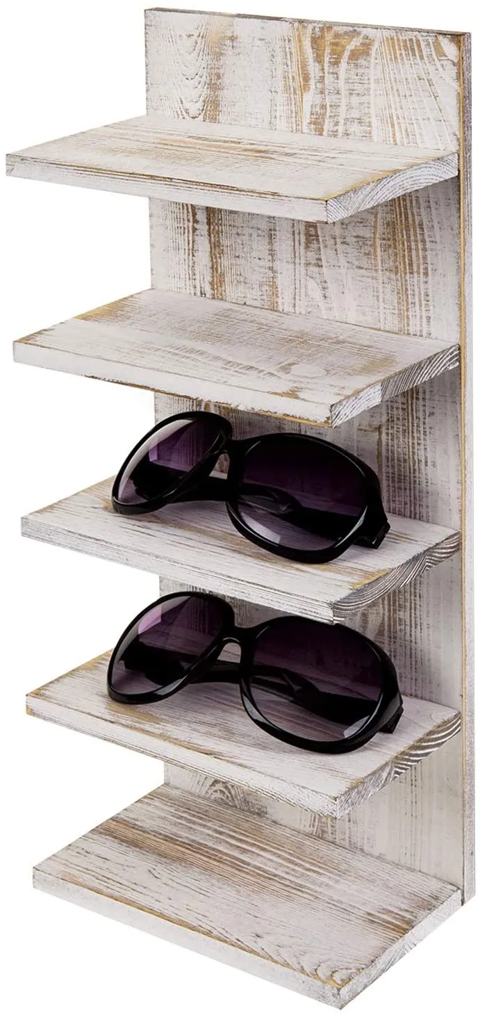 Whitewashed Wood Wall Mounted Sunglasses Holder, Retail Eyewear Display Shelf