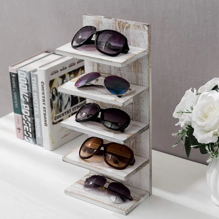 Whitewashed Wood Wall Mounted Sunglasses Holder, Retail Eyewear Display Shelf