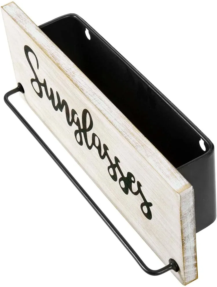 Whitewashed Wood Wall Mounted Sunglasses Rack and Mail Sorter Bin with Metal Hanging Bar and Cursive Sunglasses Label