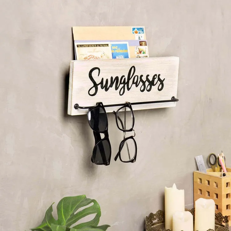 Whitewashed Wood Wall Mounted Sunglasses Rack and Mail Sorter Bin with Metal Hanging Bar and Cursive Sunglasses Label