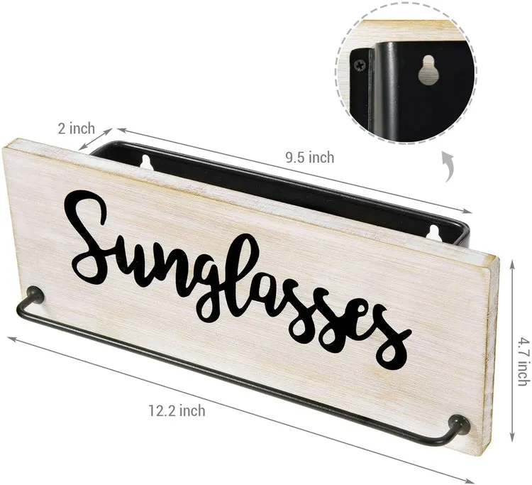 Whitewashed Wood Wall Mounted Sunglasses Rack and Mail Sorter Bin with Metal Hanging Bar and Cursive Sunglasses Label