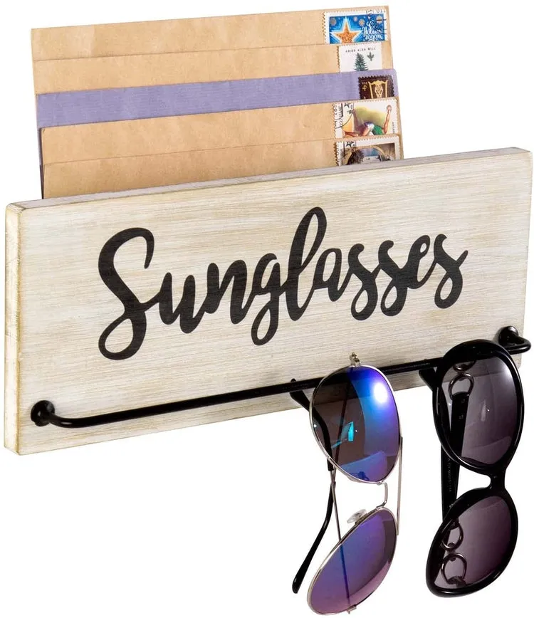 Whitewashed Wood Wall Mounted Sunglasses Rack and Mail Sorter Bin with Metal Hanging Bar and Cursive Sunglasses Label