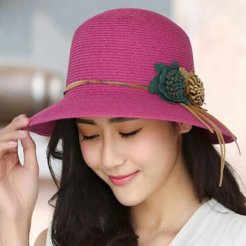 Women's Floppy Straw Hat with Flower Accessory