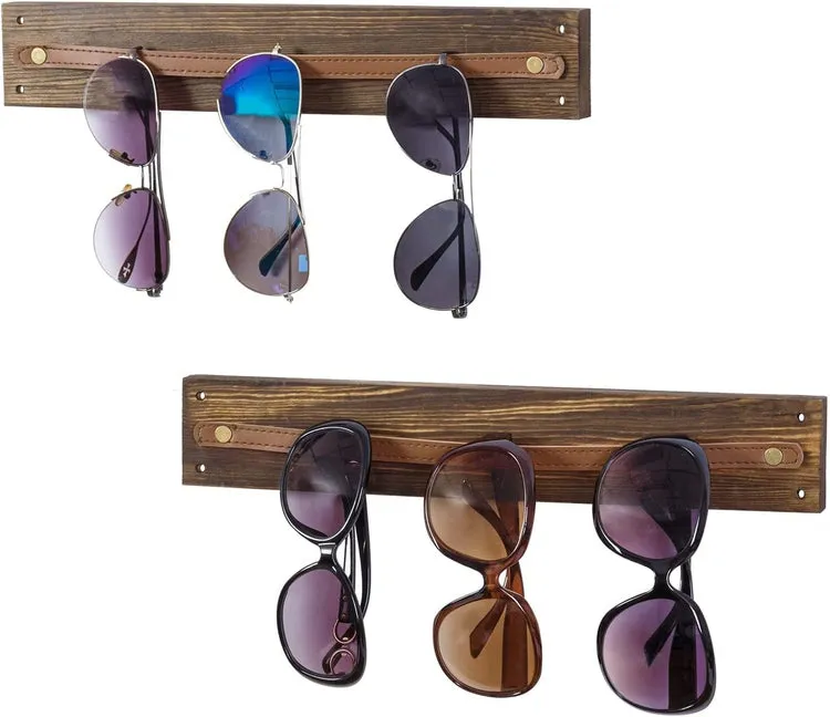 Wood and Leatherette Wall Mounted Sunglasses Holder, Eyewear Display Rack, Set of 2